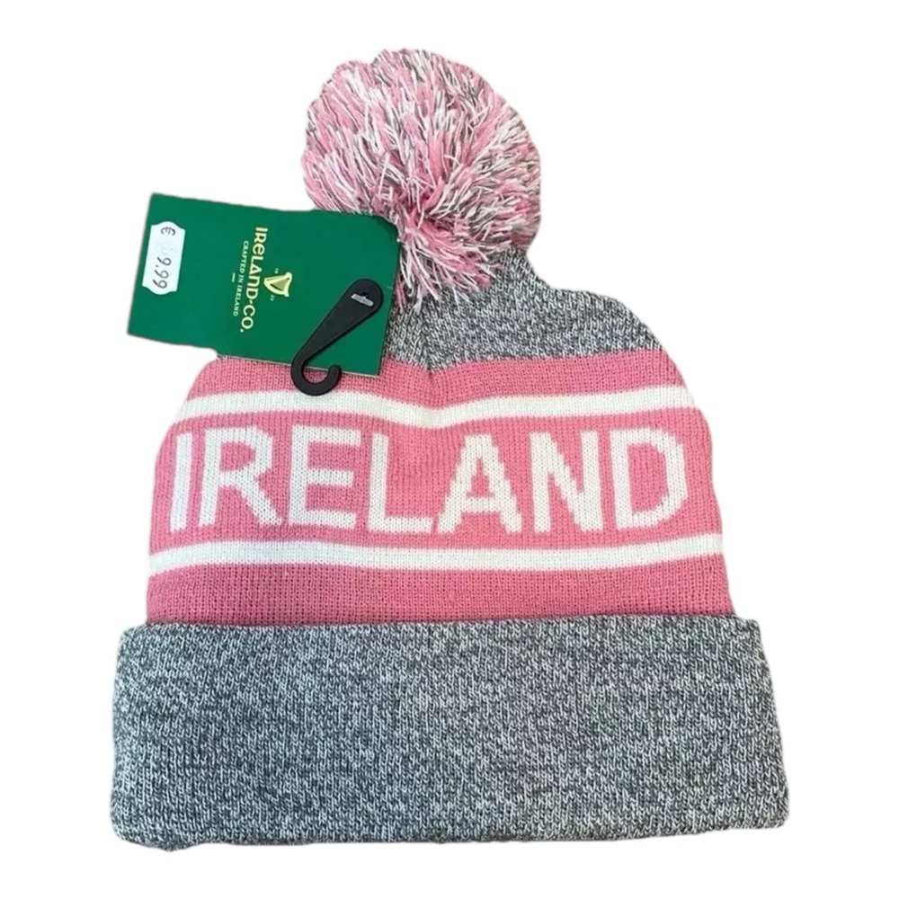 NEW W TAGS Ireland Beanie Hat Cotton Blend Pink And Gray With Pom Pom